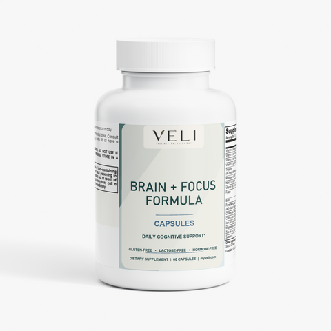 VELI Brain + Focus Formula Capsules bottle, front view