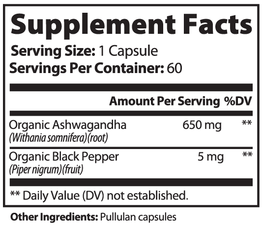 VELI Ashwagandha Capsules Supplement Facts panel