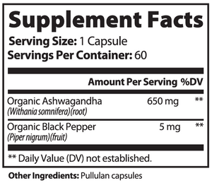 VELI Ashwagandha Capsules Supplement Facts panel