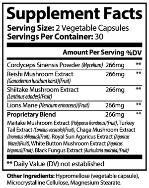 VELI Ten Mushroom Complex Capsules Supplement Facts panel
