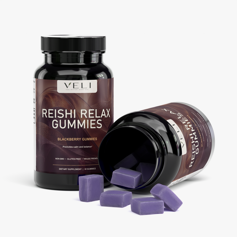 Reishi Relax Gummies by VELI, packaging detail, front-right view
