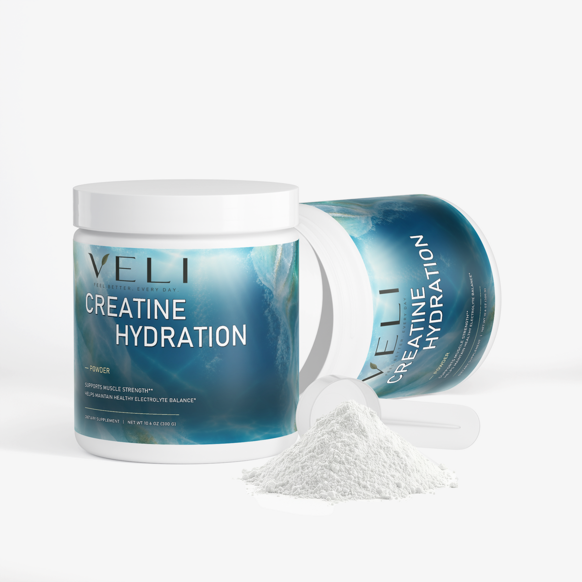 VELI Creatine Hydration Powder packaging detail, front-right view