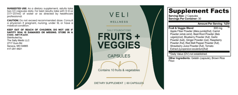VELI Fruits + Veggies Capsules full label with facts, directions and warnings