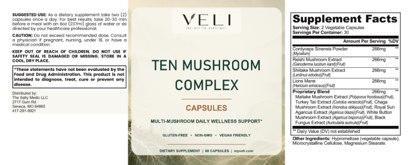 VELI Ten Mushroom Complex Capsules full label with facts, directions and warnings
