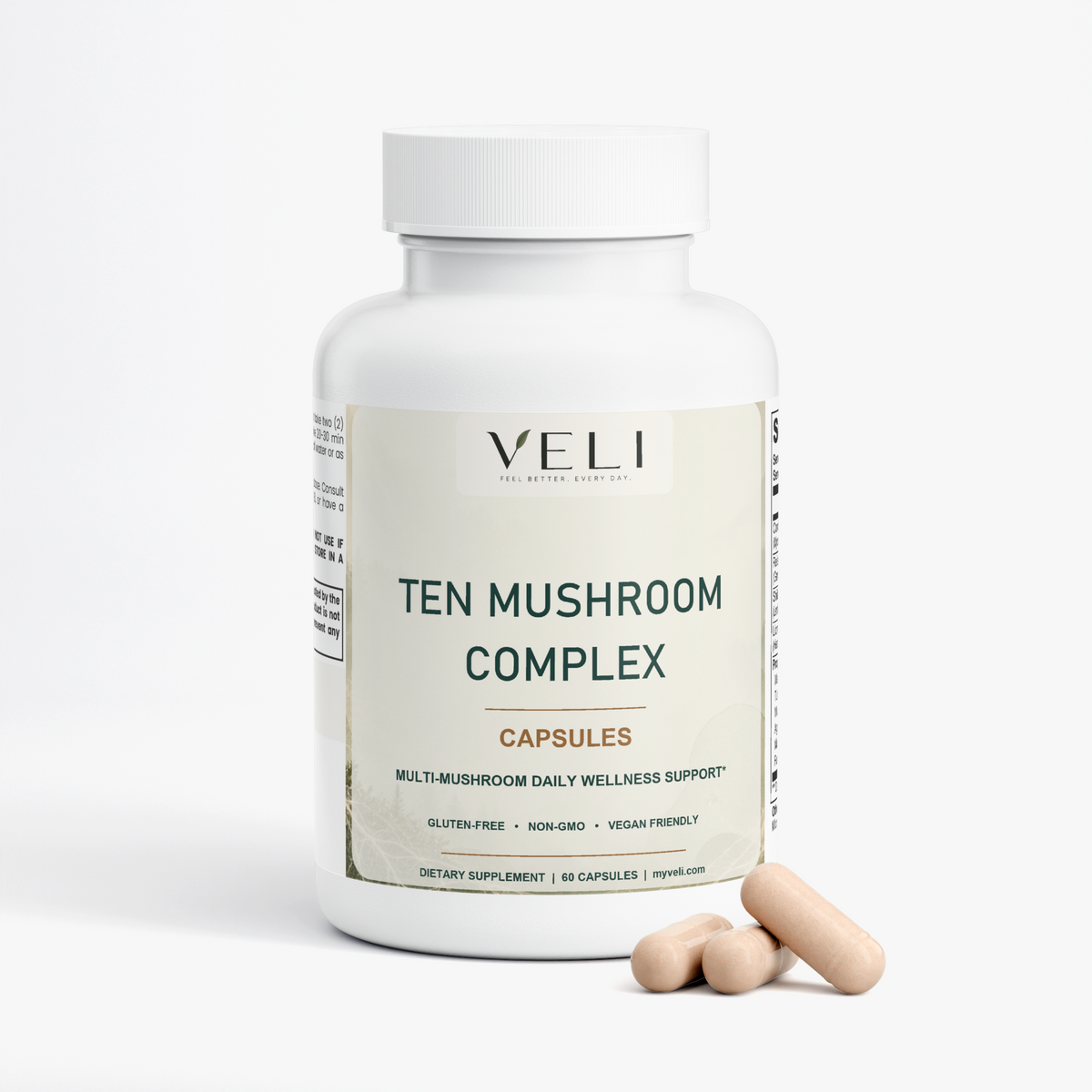 VELI Ten Mushroom Complex Capsules bottle with capsules