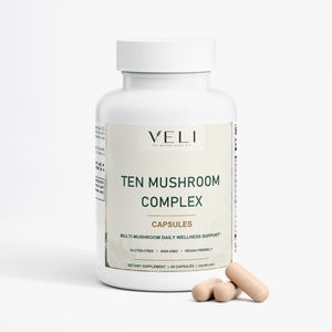 VELI Ten Mushroom Complex Capsules bottle with capsules