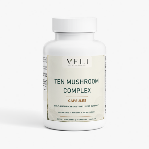 VELI Ten Mushroom Complex Capsules bottle, front view