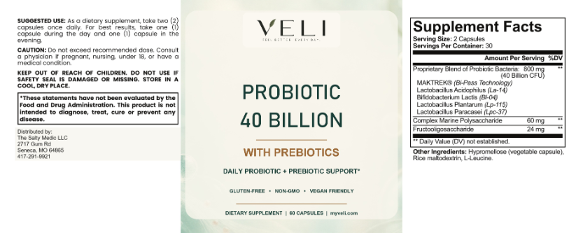 VELI Probiotic 40 Billion + Prebiotics Capsules full label with facts, directions and warnings