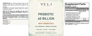 VELI Probiotic 40 Billion + Prebiotics Capsules full label with facts, directions and warnings