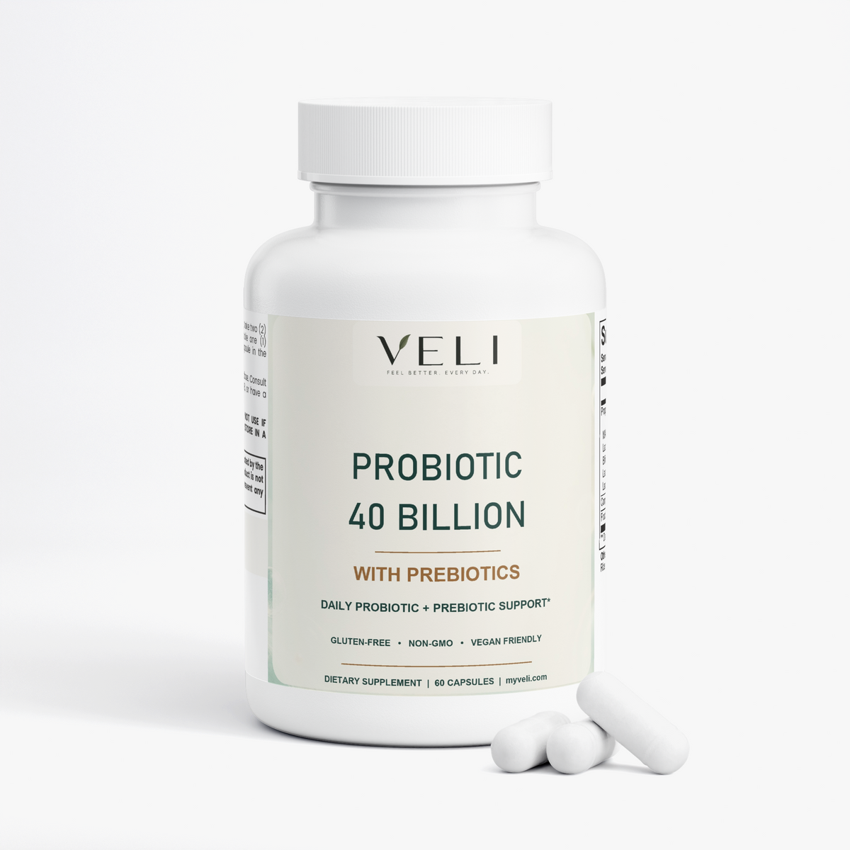 VELI Probiotic 40 Billion + Prebiotics Capsules bottle with capsules