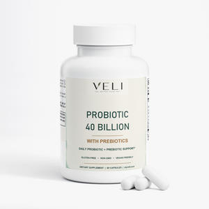 VELI Probiotic 40 Billion + Prebiotics Capsules bottle with capsules