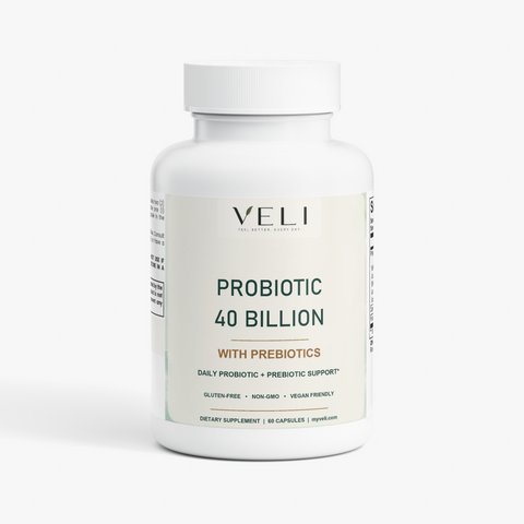 VELI Probiotic 40 Billion + Prebiotics Capsules bottle, front view