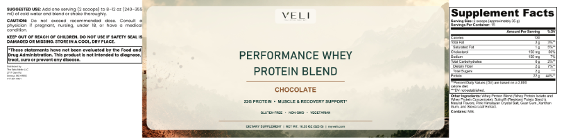 VELI Performance Whey Protein Blend Chocolate full label with facts, ingredients, directions and warnings