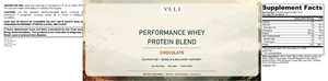 VELI Performance Whey Protein Blend Chocolate full label with facts, ingredients, directions and warnings