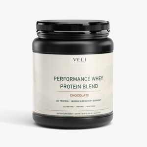 VELI Performance Whey Protein Blend Chocolate container, front view