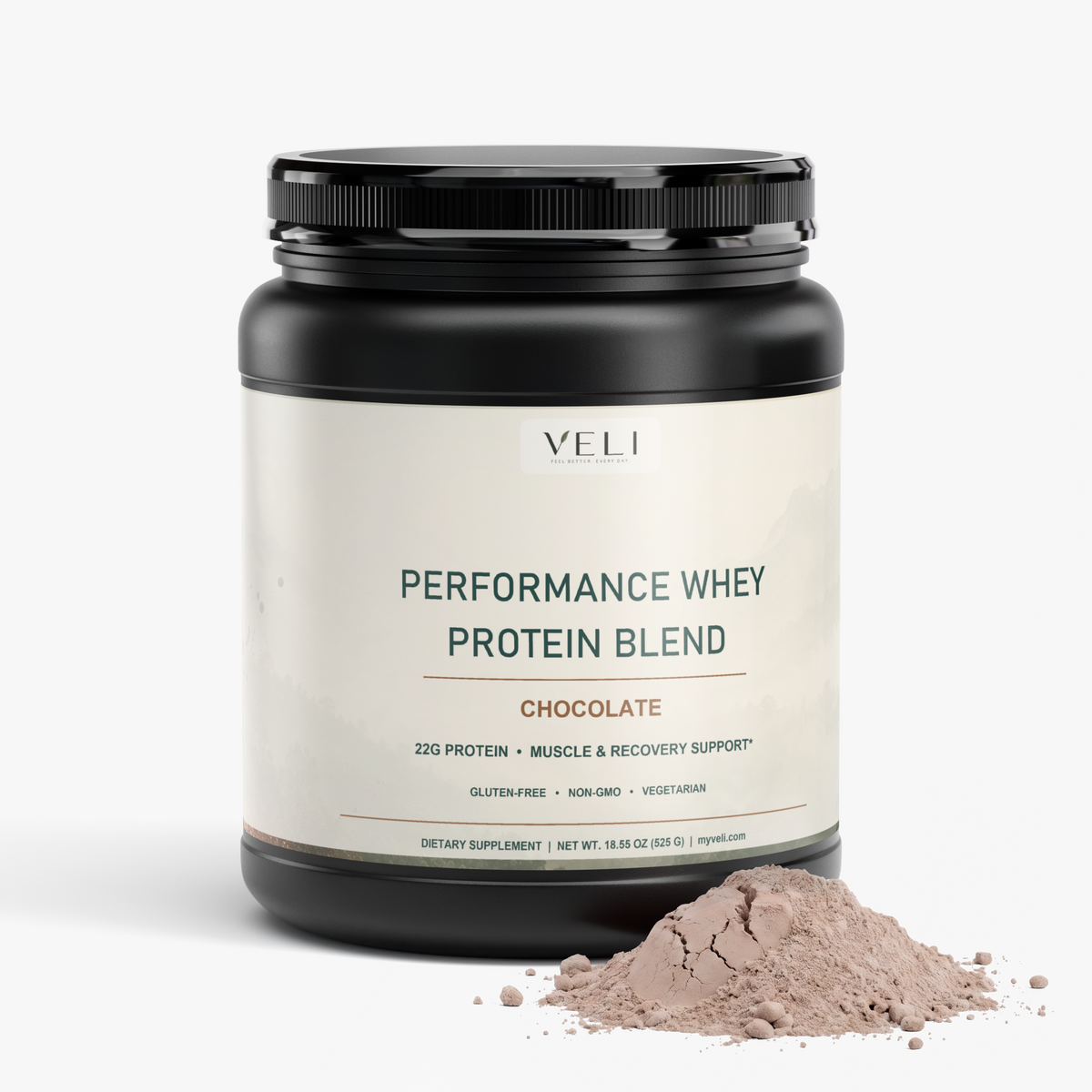 VELI chocolate whey protein container, angled view