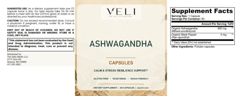 VELI Ashwagandha Capsules full label with facts, directions and warnings
