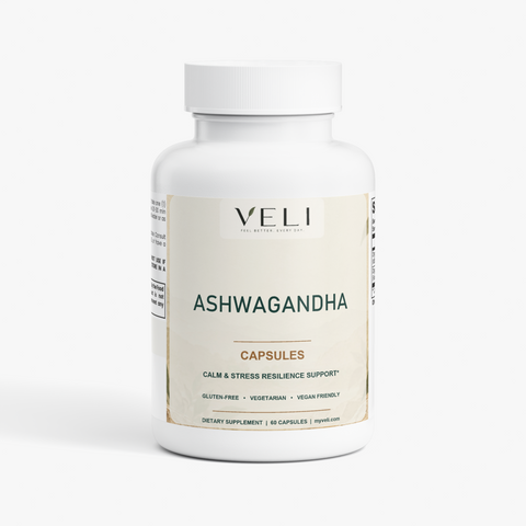 VELI Ashwagandha Capsules bottle, front view