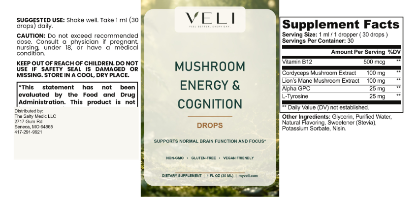 VELI Mushroom Energy & Cognition Drops full label with facts, directions and warnings