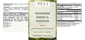 VELI Mushroom Energy & Cognition Drops full label with facts, directions and warnings
