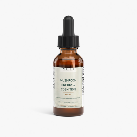 VELI Mushroom Energy & Cognition Drops bottle, front view