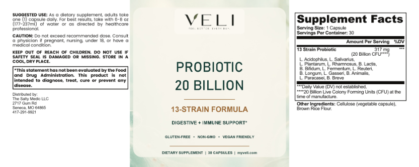 VELI Probiotic 20 Billion Capsules full label with facts, directions and warnings