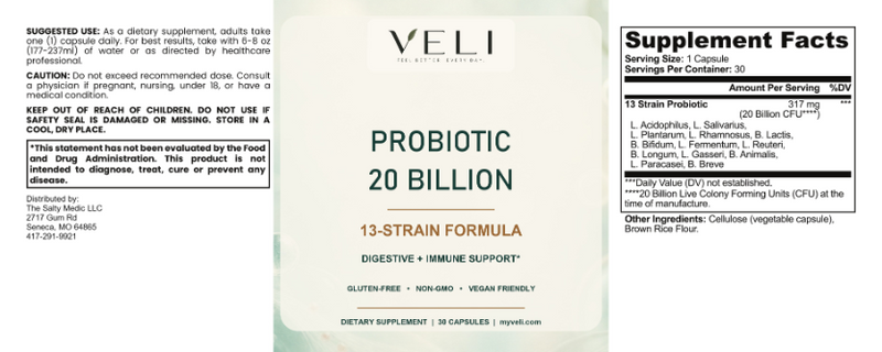 VELI Probiotic 20 Billion Capsules full label with facts, directions and warnings