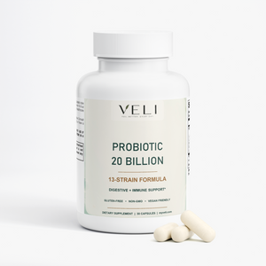 VELI Probiotic 20 Billion Capsules bottle with capsules