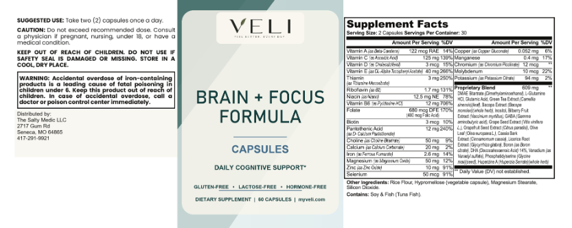 VELI Brain + Focus Formula Capsules full label with facts, ingredients, directions and warnings