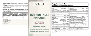 VELI Hair, Skin + Nails Essentials full label with facts, ingredients, directions and warnings