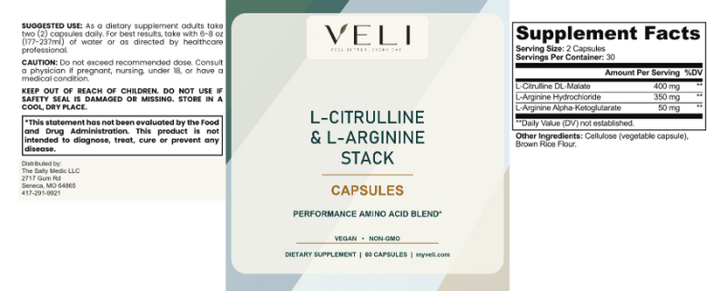 VELI L-Citrulline & L-Arginine Stack Capsules full label