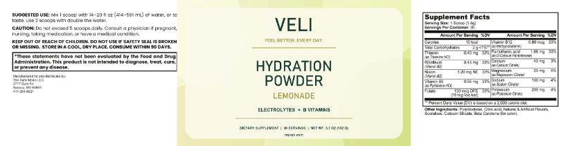 VELI Hydration Powder Lemonade full label with facts, ingredients, directions and warnings