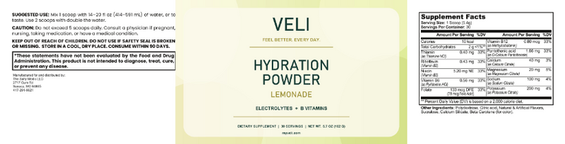 VELI Hydration Powder Lemonade full label with facts, ingredients, directions and warnings