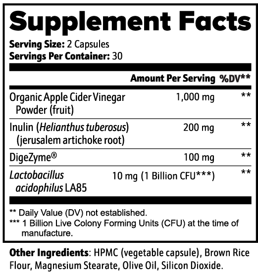 VELI Apple Cider Vinegar Capsules Supplement Facts panel