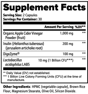 VELI Apple Cider Vinegar Capsules Supplement Facts panel