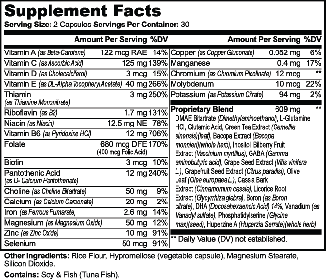 VELI Brain + Focus Formula Capsules Supplement Facts panel
