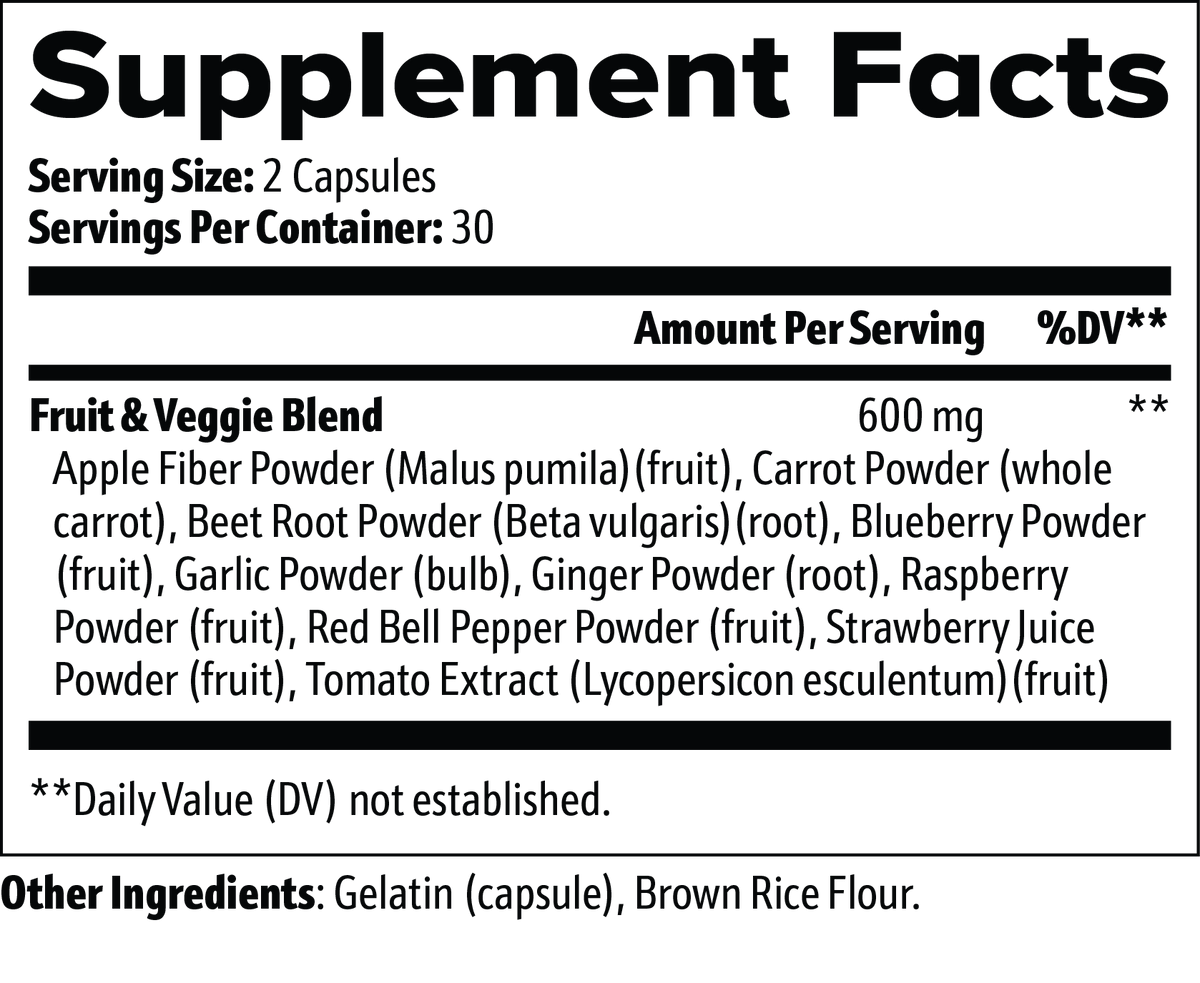 VELI Fruits + Veggies Capsules Supplement Facts panel