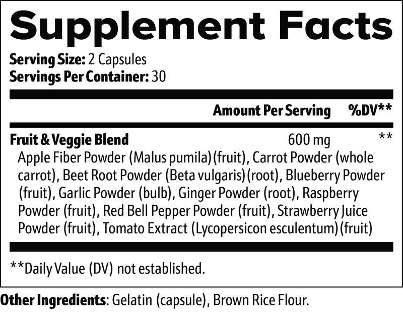 VELI Fruits + Veggies Capsules Supplement Facts panel