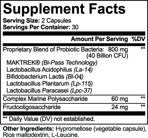 VELI Probiotic 40 Billion + Prebiotics Capsules Supplement Facts panel