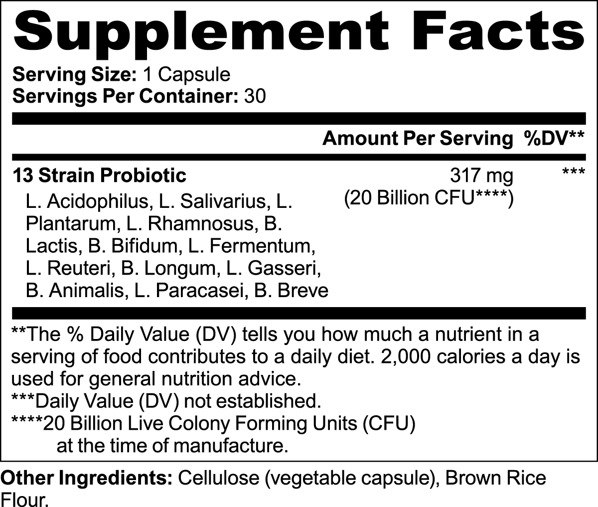 VELI Probiotic 20 Billion Capsules Supplement Facts panel
