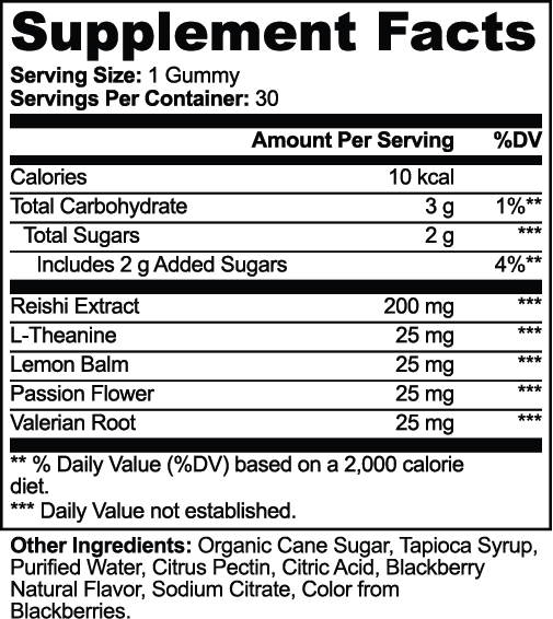 Reishi Relax Gummies by VELI, facts panel
