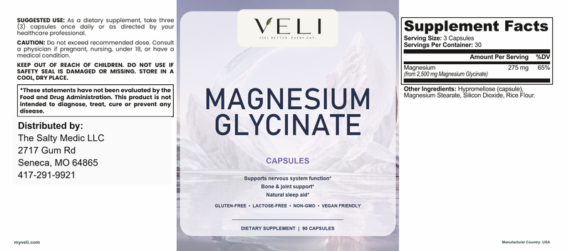 Magnesium Glycinate by VELI, full label with facts, directions and warnings