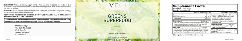 Greens Superfood by VELI, full label with facts, directions and warnings