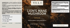Lion's Mane Mushroom by VELI, full label with facts, directions and warnings