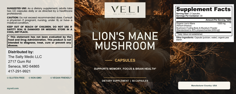 Lion's Mane Mushroom by VELI, full label with facts, directions and warnings
