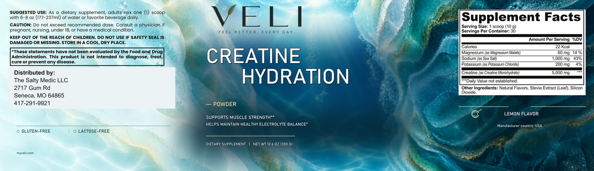 VELI Creatine Hydration Powder full product label with facts, directions and warnings