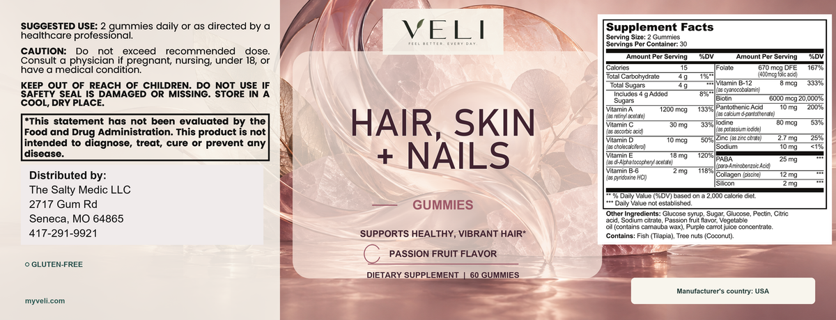 Hair, Skin & Nails Gummies by VELI, full label with facts, directions and warnings
