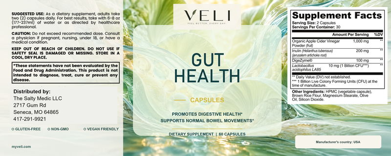 Gut Health by VELI, full label with facts, directions and warnings