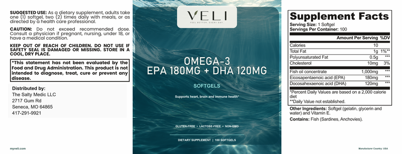 Omega-3 EPA 180mg + DHA 120mg by VELI, full label with facts, directions and warnings