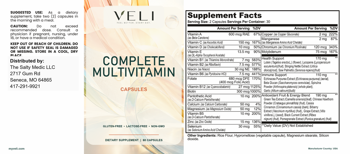 Complete Multivitamin by VELI, full label with facts, directions and warnings